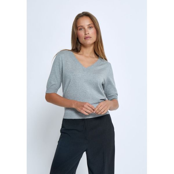 Minus Villa V-Neck Knit Tee Light Grey Melange  (MI4751-112M) - MerkenOutlet
