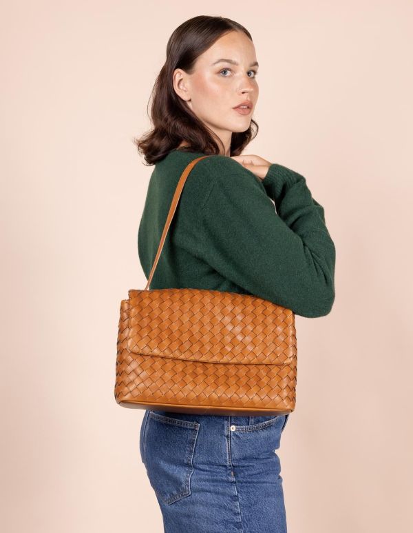 O My Bag Kenzie Cognac Woven Classic Leather  (OMB-E170BVW) - MerkenOutlet