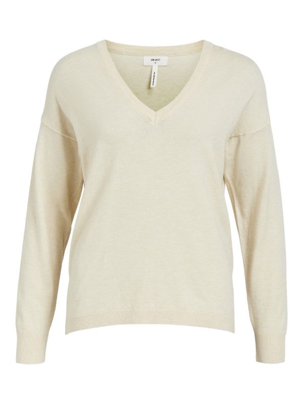 Object Thess L/S V-Neck Knit Pullover Sandshell Melange  (23034470-sandshell) - MerkenOutlet