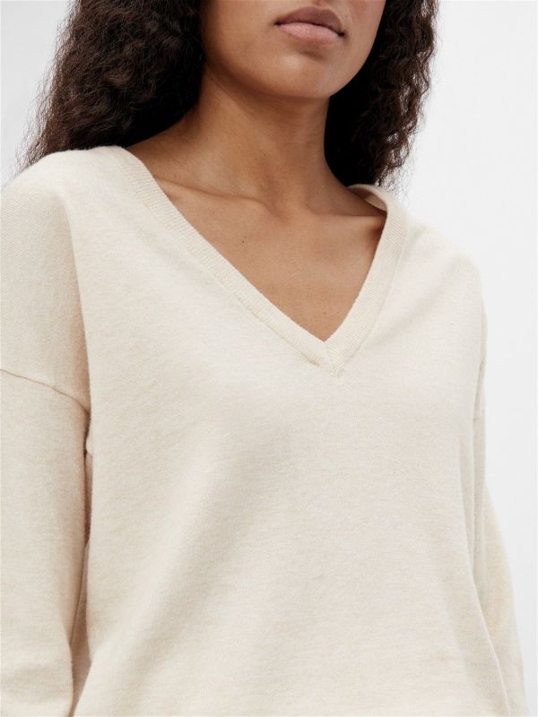 Object Thess L/S V-Neck Knit Pullover Sandshell Melange  (23034470-sandshell) - MerkenOutlet