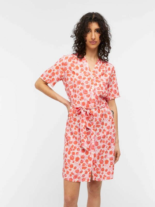 Object Ema Elisa S/S Shirt Dress Sandshell - Hot Coral/Orchid Flower  (23039105-sandshell) - MerkenOutlet