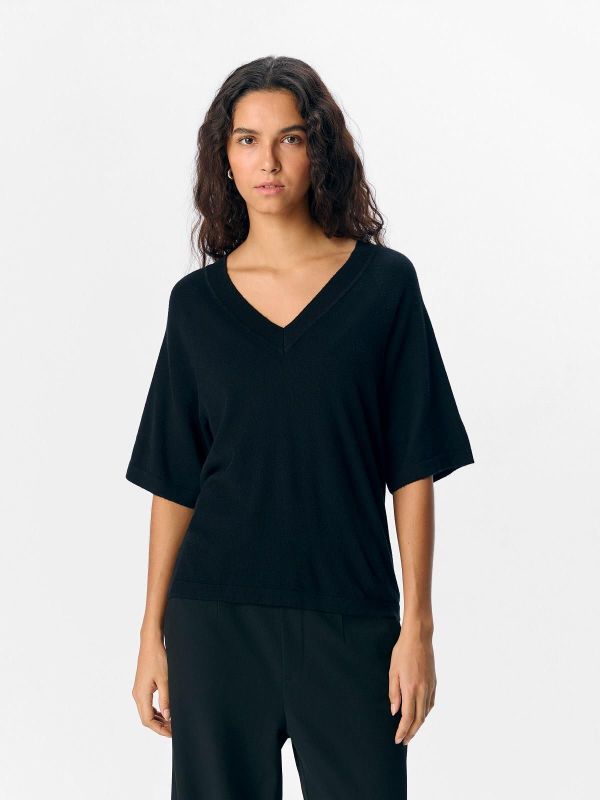 Object Thess 2/4 LO V-Neck Knit Top Black  (23045806 black) - MerkenOutlet