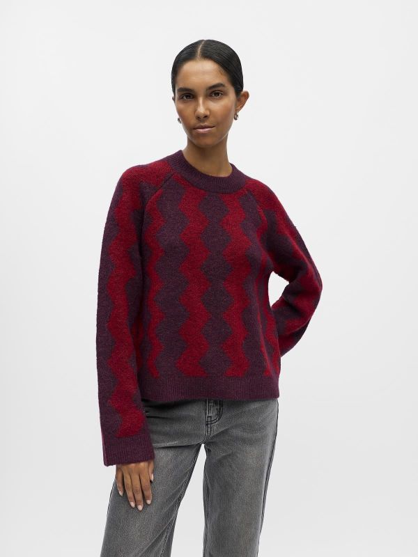 Object Diana LS RE O-Neck Knit Mauve Wine/Karanda Red Zigzag  (23046897 mauve wine) - MerkenOutlet