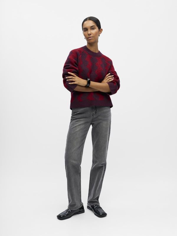 Object Diana LS RE O-Neck Knit Mauve Wine/Karanda Red Zigzag  (23046897 mauve wine) - MerkenOutlet