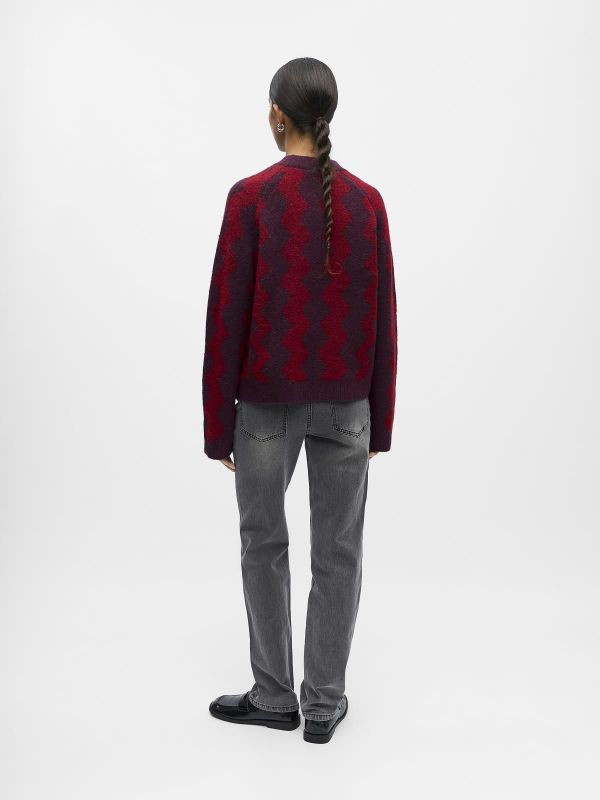 Object Diana LS RE O-Neck Knit Mauve Wine/Karanda Red Zigzag  (23046897 mauve wine) - MerkenOutlet