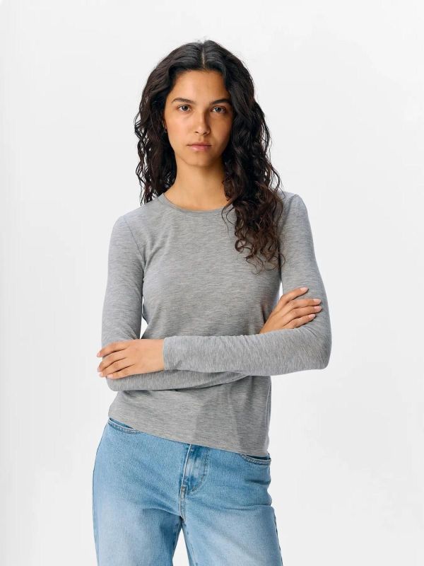 Object Zofia SLi L/S O-Neck Top Noos Medium Grey Melange  (23046951 medium grey melange) - MerkenOutlet