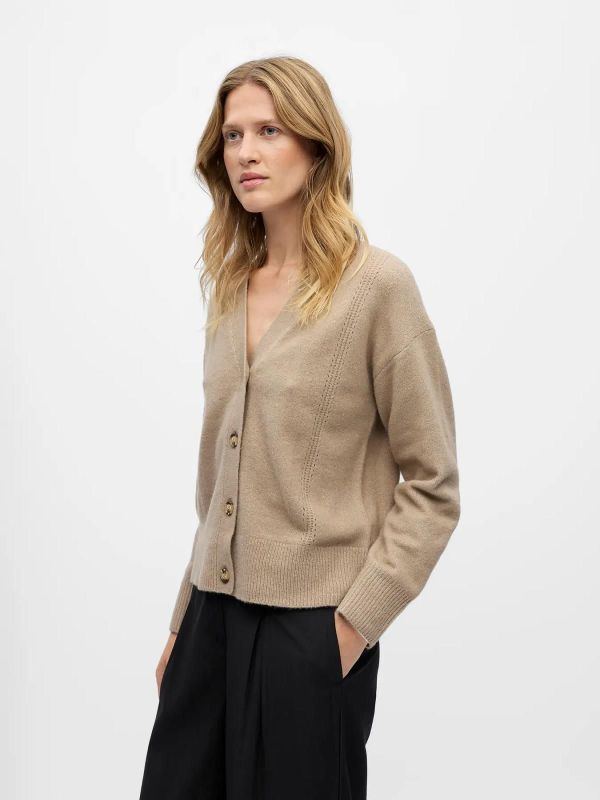 Object Juno L/S LO V-Neck Knit Cardigan Desert Taupe  (23047778 DESERT TAUPE) - MerkenOutlet