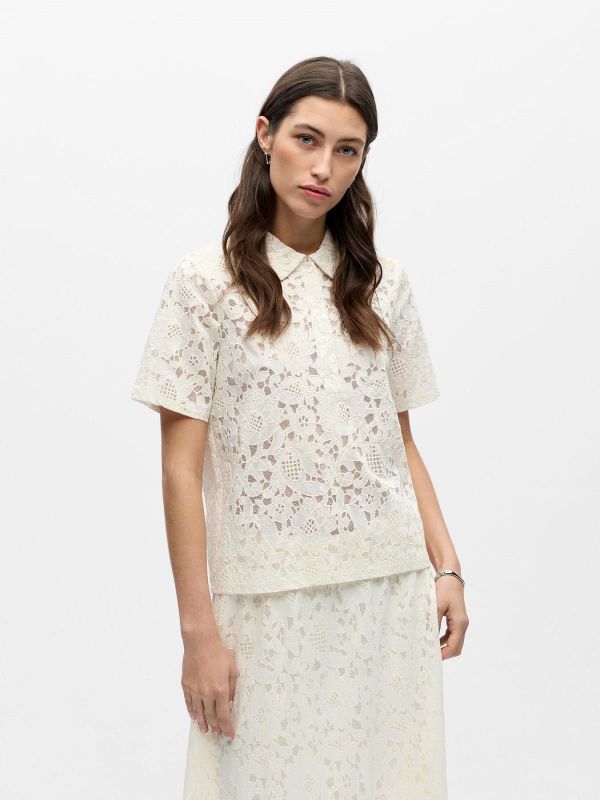 Object Bianca S/S LO Polo Top White Sand  (23048104 WHITE SAND) - MerkenOutlet