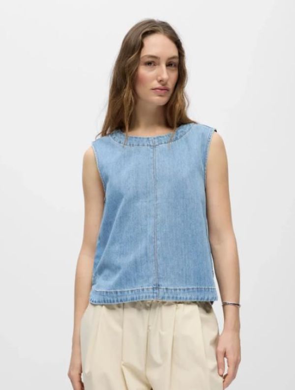Object Rosie S/L LO Denim Top Light Blue  (23048814 Light Blue Denim) - MerkenOutlet
