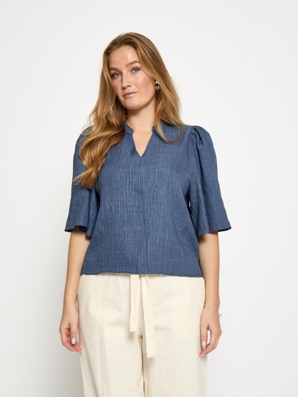 Peppercorn Gaby Pinstripe Top Mid Blue Denim  (PC8685-004) - MerkenOutlet