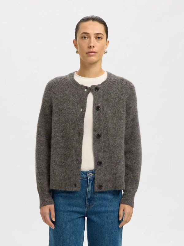 Selected Femme Lulu LS Knit Short Cardigan Medium Grey Melange  (16074481 medium grey) - MerkenOutlet