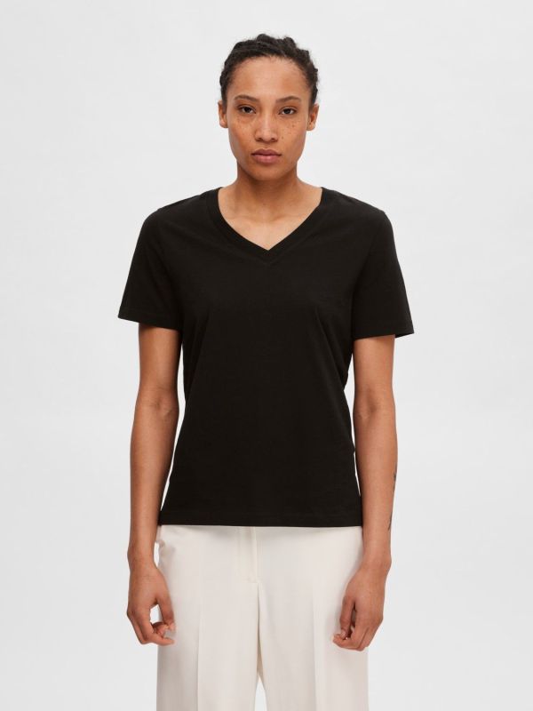 Selected Femme Essential SS V-Neck Tee Black  (16087922-BLACK) - MerkenOutlet