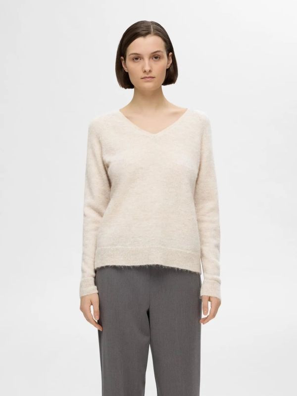 Selected Femme Lulu New Knit V-Neck Birch Melange  (16094268 birch) - MerkenOutlet