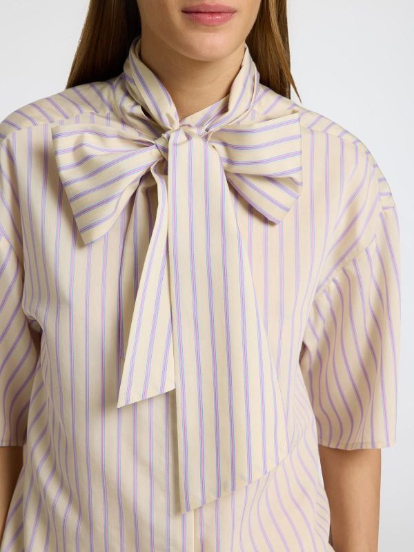 Selected Femme Lana-Juno 3/4 Bow Shirt Birch Stripes First Bloom  (16097296 birch) - MerkenOutlet