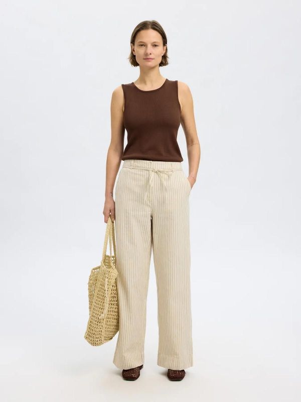 Selected Femme Johanne HW Striped Belted Long Pant Birch Stripes  (16097742 birch) - MerkenOutlet
