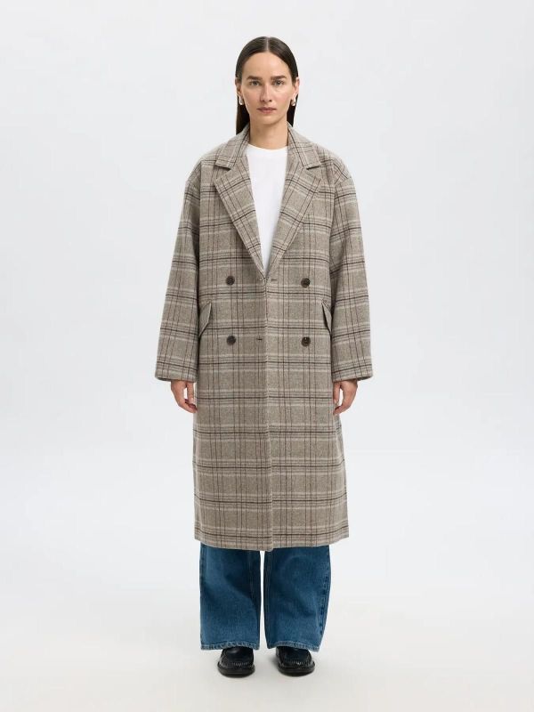Selected Femme Harper Wool Blend Check Coat Fig Pattern Check  (16098017 FIG) - MerkenOutlet