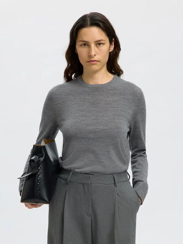 Selected Femme Thea LS Knit Merino O-Neck Noos Medium Grey Melange  (16098147 medium grey melange) - MerkenOutlet