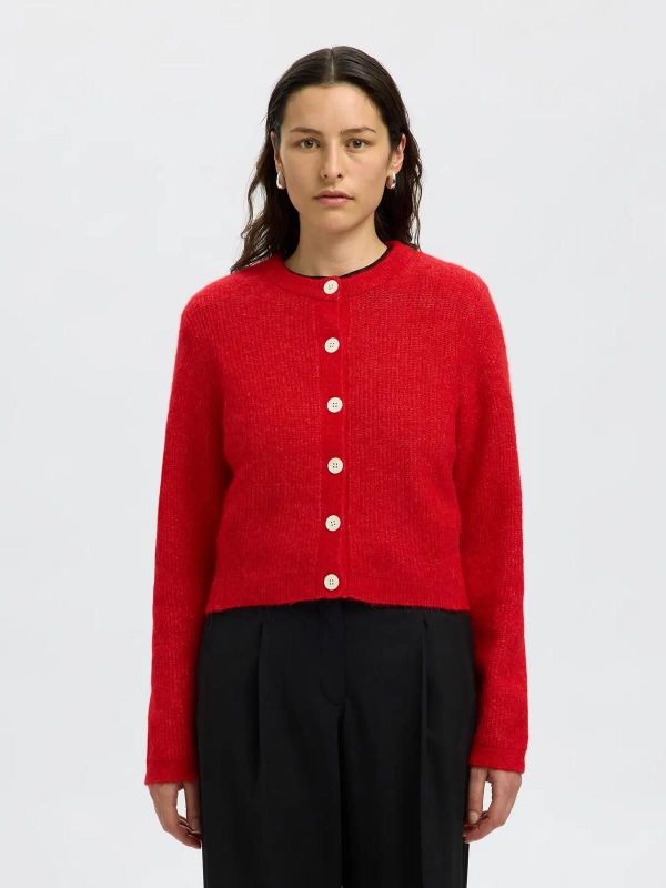 Selected Femme Sia Ras LS Knit Cropped Cardigan Equestrian Red  (16098322 EQUESTRIAN RED) - MerkenOutlet