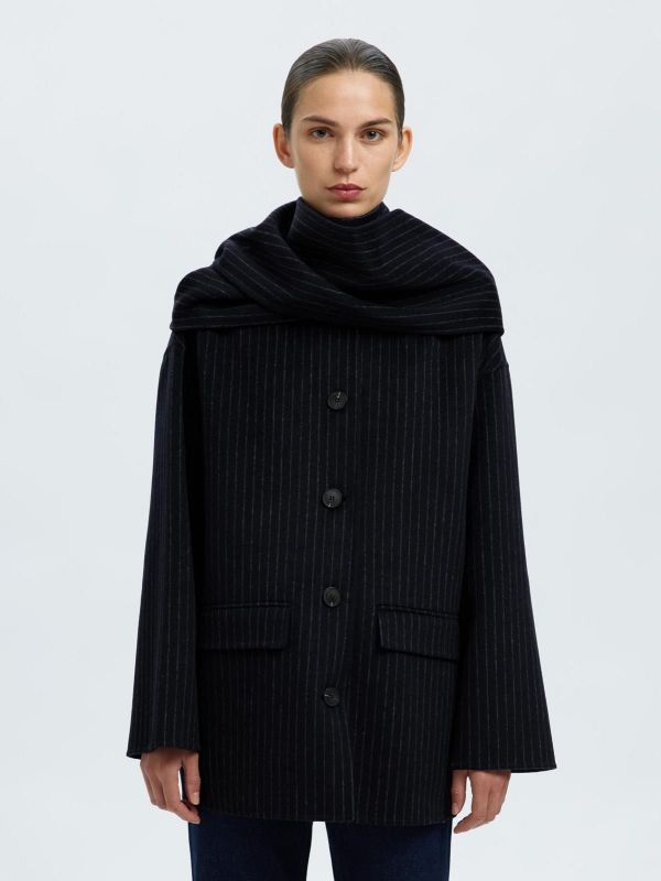 Selected Femme Pam Handmade Scarf Pin Stripe Jacket Dark Sapphire  (16099379 DARK SAPPHIRE) - MerkenOutlet