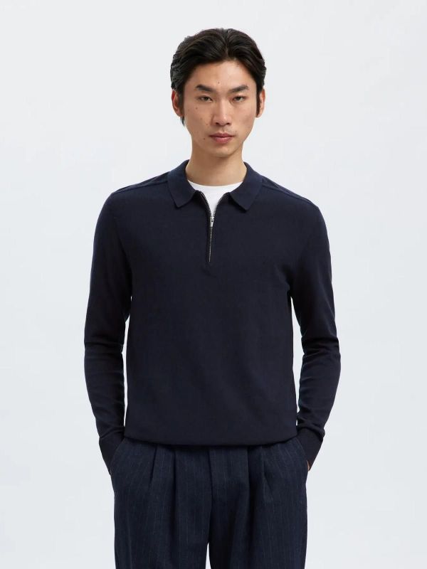 Selected Homme Berg LS Half Zip Polo Navy Blazer Melange  (16094271 navy blazer) - MerkenOutlet