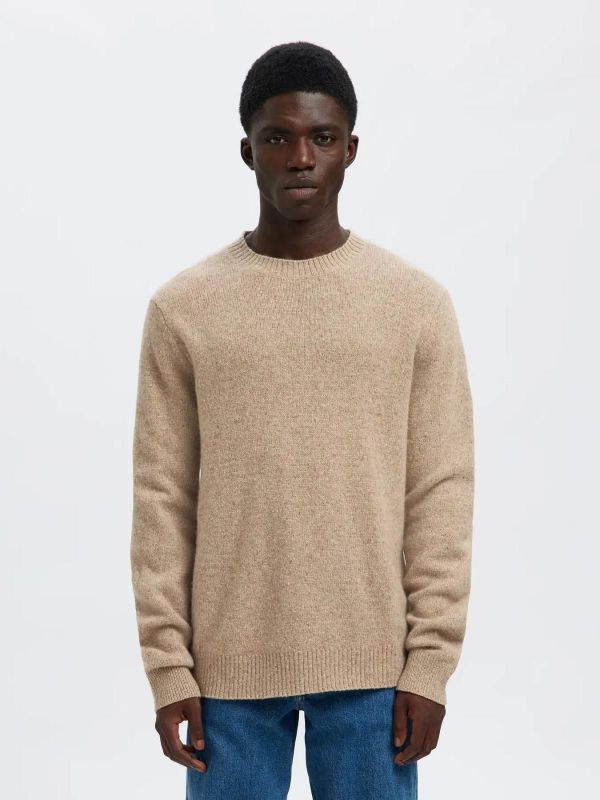 Selected Homme Neil LS Knit Neps Crew Neck Oatmeal  (16094644 OATMEAL) - MerkenOutlet