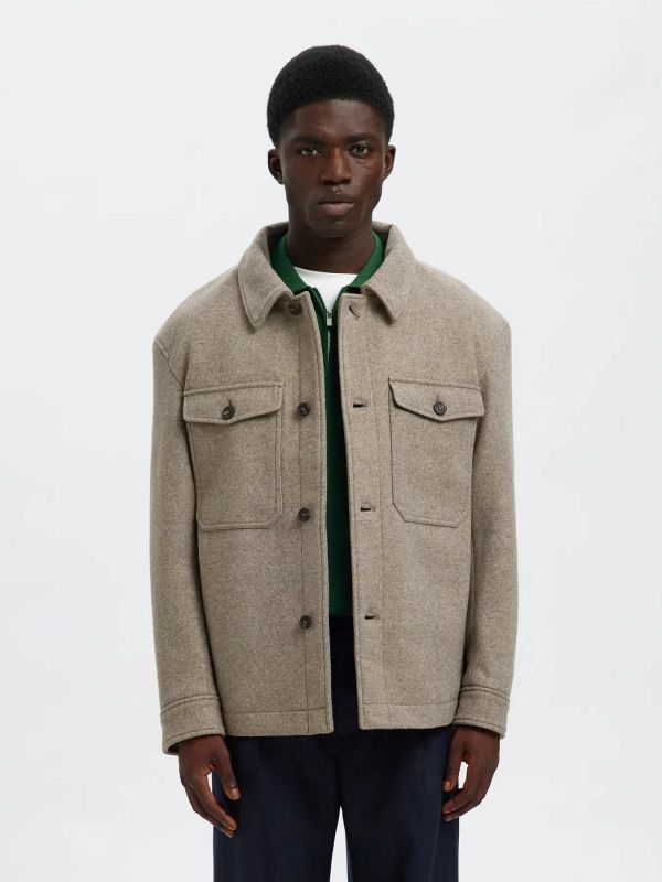 Selected Homme Mitch Wool Blend Shacket Deep Taupe  (16097636 deep taupe) - MerkenOutlet