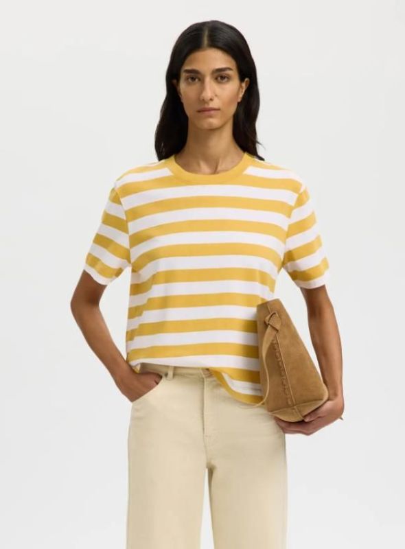 SLF Essential SS Striped Boxy Tee Ochre/Bright White  (16087918 ochrer stripes white) - MerkenOutlet