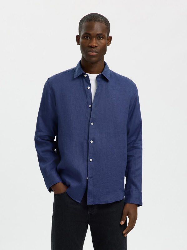 SLH Kylian Regular Linen Shirt LS Oceana  (16092471 OCEANA) - MerkenOutlet