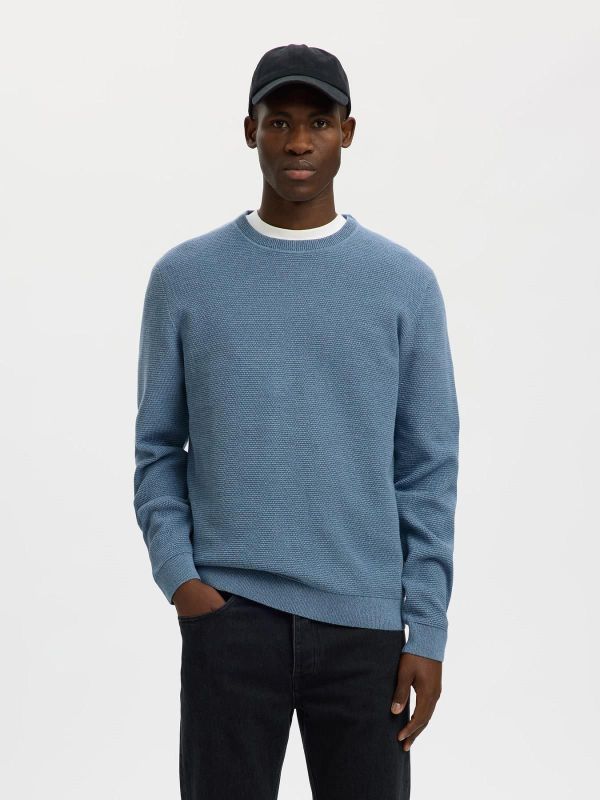 SLM Ross LS Knit Structure Crew Neck Blue Mirage - Dusty Blue  (16094385 BLUE MIRAGE) - MerkenOutlet