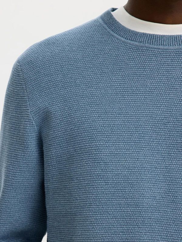 SLM Ross LS Knit Structure Crew Neck Blue Mirage - Dusty Blue  (16094385 BLUE MIRAGE) - MerkenOutlet