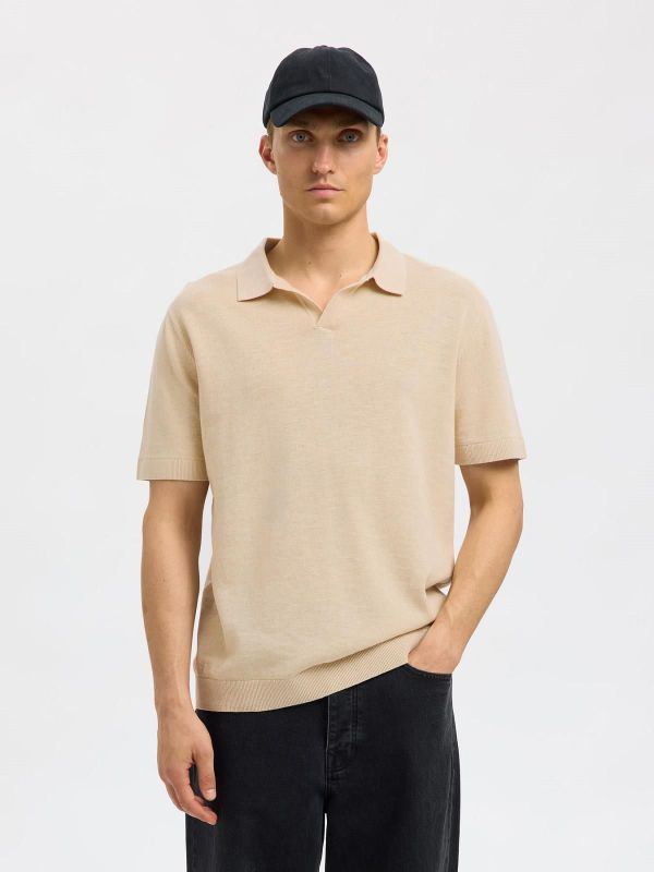 SLH Mattis SS Linen Blend Open Polo Oatmeal  (16096197 OATMEAL) - MerkenOutlet