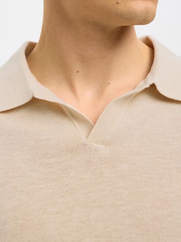 SLH Mattis SS Linen Blend Open Polo Oatmeal  (16096197 OATMEAL) - MerkenOutlet
