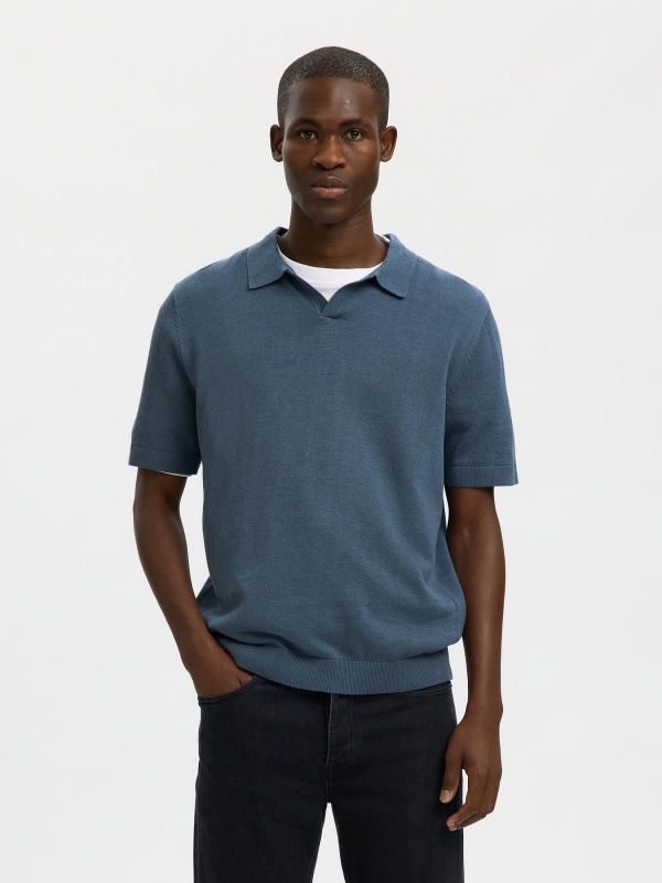 SLH Mattis SS Linen Blend Open Polo Blue Mirage  (16096197 BLUE MIRAGE) - MerkenOutlet