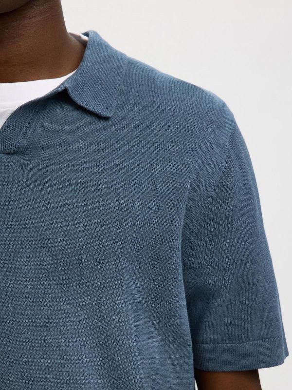 SLH Mattis SS Linen Blend Open Polo Blue Mirage  (16096197 BLUE MIRAGE) - MerkenOutlet