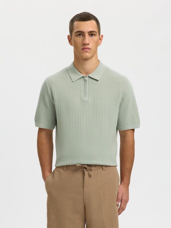 SLH Cran SS Knit Structure Zip Polo Aqua Gray  (16096388 Aqua Gray) - MerkenOutlet