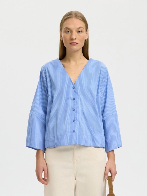 SLF Bea 3/4 V Neck Shirt Dusty Blue Stripe  (16100774 DUSTY BLUE) - MerkenOutlet