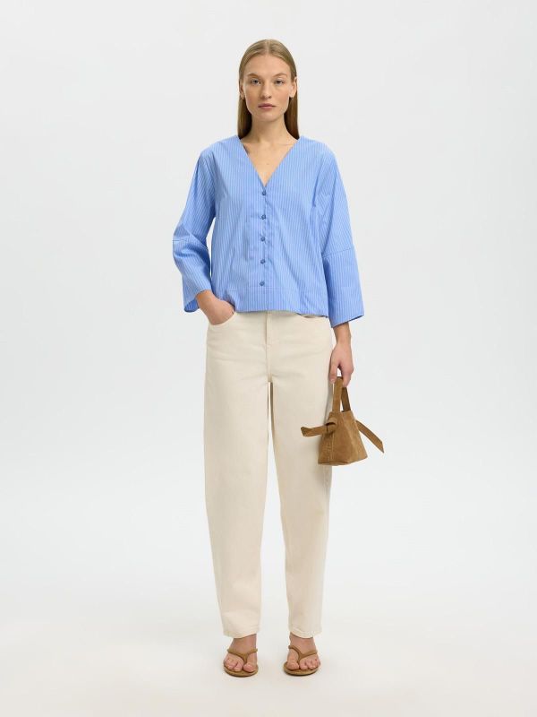 SLF Bea 3/4 V Neck Shirt Dusty Blue Stripe  (16100774 DUSTY BLUE) - MerkenOutlet