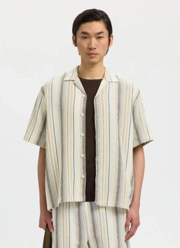 SLH Rlxcal SS Shirt Resort Egret/Brown Multi  (16101248 EGRET BROWN MULTI) - MerkenOutlet