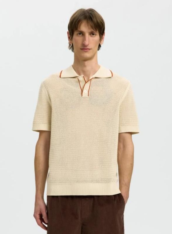 SLH Jesse SS Knit Open Structure Polo Birch/Potter's Clay  (16101364 Birch Potter's Clay) - MerkenOutlet