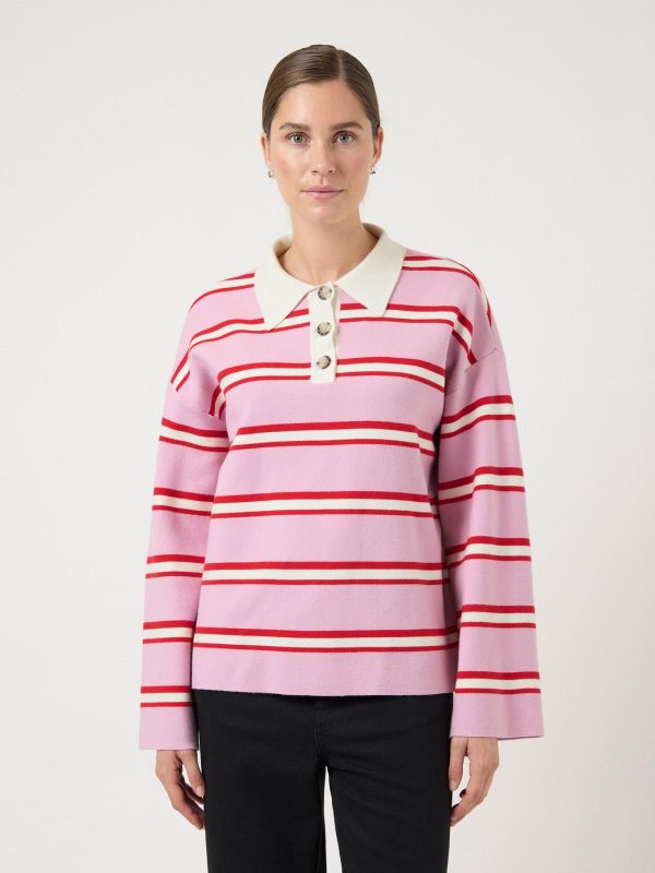 Y.A.S. Isabell LS Polo Knit Pullover Pirouette Stripes  (26040272 pirouette) - MerkenOutlet
